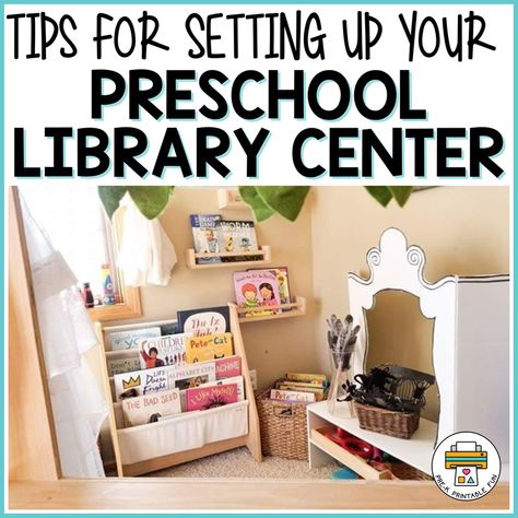 Pre K Library Center Ideas, Preschool Library Center Ideas, Library Center Ideas, Space For Preschoolers, Preschool Library Center, Daycare Spaces, Preschool Library, Library Space, Library Center