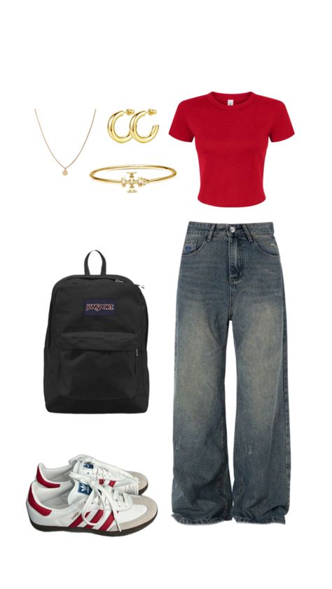 •red, baggy jeans, jansport backpack, sambas, outfit inspo, school, school inspo, inspo, school outfit inspo, ootd• Back To School Outfits With Sambas, School Outfits Board, Cute Baggy Jeans Outfit For School, Outfit Ideas For School Baggy Jeans, Back To School Outfits Sambas, Outfits For School Baggy Jeans, Outfits With Sambas For School, Jean Outfit Ideas For School, Back To School Outfits Baggy Jeans