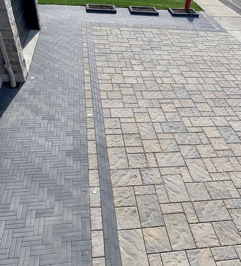 Slate Driveway, Techo Bloc Blu 60 Champlain Gray, Champlain Grey Techo Bloc, Grey Pavers, Paver Patterns, Deck Ideas, June 1, Patio Ideas, Backyard Decor