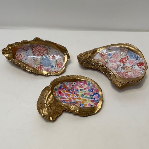 Handcrafted Oyster Shell Trinket Dish Set Paint Shells, Shell Trinket Dish, Painted Shells, Oyster Shells, Oyster Shell, Dish Sets, Trinket Dish, Trinket Dishes, Home Art