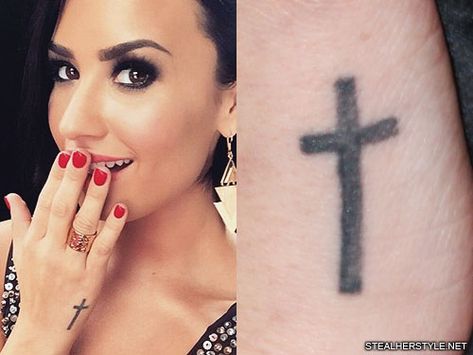 Demi Lovato Cross Side of Hand Tattoo | Steal Her Style Demi Lovato Hand Tattoo, Demi Lovato Tattoos, Pretty Cross Tattoo, Black Cross Tattoos, Cross Tattoo On Hand, Tattoo 2017, Love Symbol Tattoos, Side Hand Tattoos, Mandala Hand Tattoos