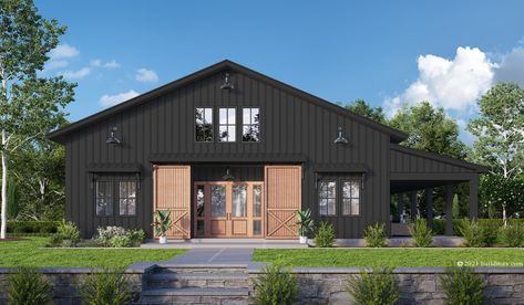 Black Barndominium House exterior Barn Exterior Ideas, Metal Barndominium, Barn Aesthetic, Barndominium Homes, Barndominium Houses, Barndominium Exterior, Barndominium Cost, River Cabins, Plumbing Plan