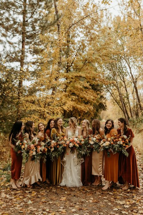 Fall Rustic Bridesmaid Dresses, November Bridesmaids, Bridesmaids Different Shades, Bridesmaids Terracotta, Boho Bridesmaids, Fall Wedding Bridesmaids, Rust Bridesmaid Dress, Rusting Wedding, Orange Bridesmaid