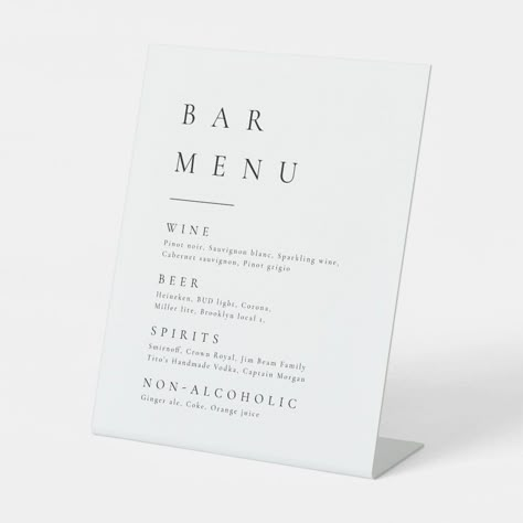 Simply Elegant Typography Modern Bar Menu Pedestal Pedestal Sign Size: 8" X 10". Color: black. Gender: unisex. Age Group: adult. Wedding Bar Signage, Wedding Drink Menu Sign, Wedding Bar Menu Sign, Wedding Drink Menu, Bar Signage, Bar Menu Wedding, Black And White Minimalist, Elegant Typography, Wedding Decor Style