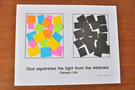 Throughout our Creation unit, I want to spark a sense of awe and wonder for the Creator in the hearts of my preschoolers, and then introduce... God Made Light Activities, Genesis 1:1 Preschool Craft, Day 1 And 2 Of Creation Craft, God Created Day And Night Craft, Preschool Gods Creation Craft, Creation Day 1 Crafts For Preschool, Sky And Water Creation Craft, Creation Day 1 Activities Preschool, God Created Light Craft