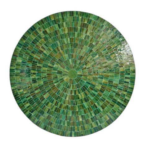 Beautiful indoor/outdoor hand crafted mosaic tile coffee table with black iron barrel base. Stunning green variations in a large pinwheel design pattern. Solid cement top lifts off base for moving. Each table will have natural variations and imperfections inherent to the materials and handmade nature. Mosaic Table Top Designs, Emerald Green Table, Green Mosaic Tile, Tiled Table, Mosaic Outdoor Table, Mosaic Patio Table, Tile Coffee Table, Outdoor Mosaic, Mosaic Tile Table