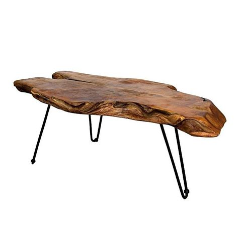 Amazon.com: Natural Wood Edge Teak Coffee Cocktail Table with Clear Lacquer Finish: Kitchen & Dining Beach Style Furniture, Natural Wood Coffee Table, Modern Wood Coffee Table, Live Edge Coffee Table, Natural Teak Wood, Mid Century Coffee Table, Teak Coffee Table, Cool Coffee Tables, Hairpin Legs