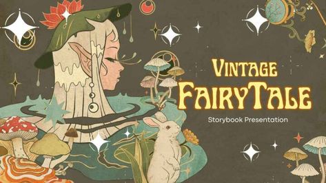 Cute Fairy Tale Storybook. Free PPT Template Fairy Tale Poster Design, Vintage Storybook Illustrations, Storybook Layout, Fairy Tale Font, Canva Ppt Template, Storybook Aesthetic, Storybook Design, Fairy Templates, Fairy Tale Art