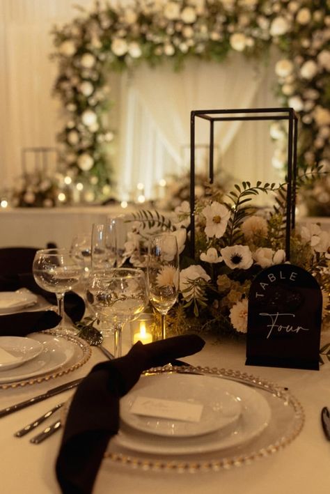 Black and white with touches of gold and greenery add an elegance to this couple's day. Black White And Gold Wedding Reception, Black White And Greenery Wedding, Black White And Gold Wedding, Gold Reception, Gold Wedding Reception, White And Gold Wedding, Grand Hall, Historic Route 66, Outdoor Wedding Reception