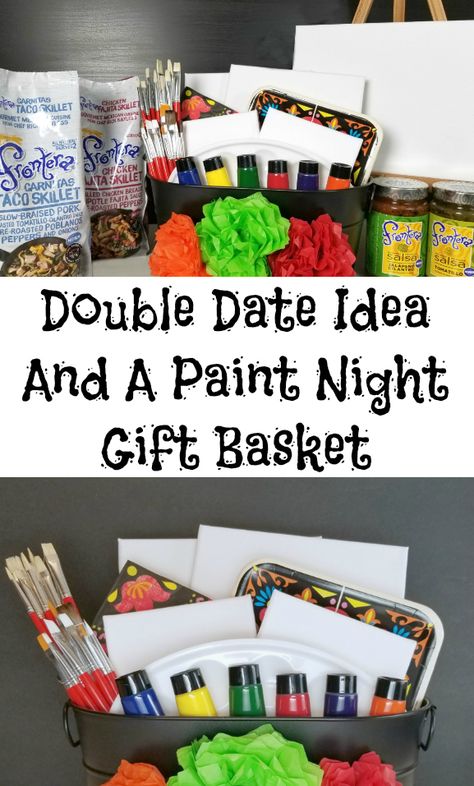 Double date idea and a paint night gift basket tutorial! #FronteraExperience #ad @fronterafoods Paint And Sip Gift Basket Ideas, Date Night Baskets Couples, Date Night At Home Gift Basket, Date Night Auction Basket, Date Night Kits Diy Gift Ideas, Date Night Gift Basket New Parents, Paint Dates, Date Night Basket, Basket Themes