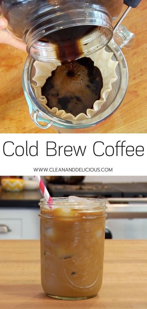 Make your own Cold Brew Coffee at home! This simple recipe shows you how to make a coffee concentrate overnight, then easily strain it for the best cold brew coffee - even better than Starbucks! You can even make it with decaf coffee. Check out the video to make some amazing homemade cold brew! Mason Jar Cold Brew Coffee, Iced Cold Brew, 2 Cups Of Coffee, Homemade Cold Brew Coffee, Cold Brewed Coffee, Vegetarian Drinks, Best Cold Brew Coffee, Coffee Syrups, Man Recipes