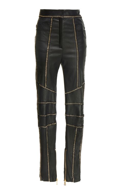 Balmain - Spring/RTW 2018 - leather trousers w/ chainmail. High Waisted Leather Pants, Chain Pants, Trousers High Waisted, Balmain Fashion, Balmain Collection, Pants High Waisted, Leather Trousers, High Rise Pants, High Waisted Trousers