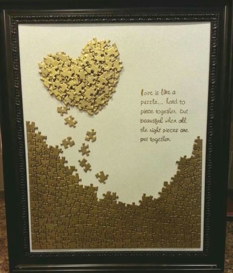 Instructions: Paint an 11"x14" flat canvas white & spray it with gold glitter spray. Put together the puzzle for the bottom section, spray it solid gold & use mod podge to hold it together. Spray all the loose pieces separated & then form the heart using e6000 glue or another heavy duty glue that won't dry out over time like hot glue does. Print out the words, then trace onto tracing paper. Cuadros Diy, 50th Anniversary Party, Puzzle Crafts, Glitter Spray, Creation Deco, 50th Wedding Anniversary, 50th Wedding, Romantic Valentine, Anniversary Parties