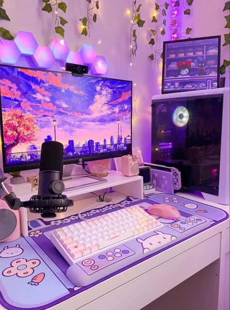 Purple Gaming Setup, Gamer Vibes, Setup Inspiration, Kawaii Room Ideas, Play Place, Gamer Setup, Gamer Room Decor, Pc Setups, Desk Inspo