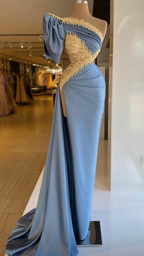 Evening Dresses Gold, Blue And Gold Dress, Fashion Party Dress, Mermaid Gown Prom, Dresses Gold, Sky Blue Dress, Silk Evening Dress, Gold Evening Dresses, Womens Prom Dresses