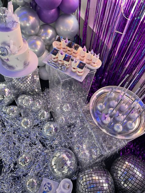 Euphoria Dessert Table, Purple Disco Birthday Cake, Purple Disco Party Theme, Purple Disco Birthday Party, Sweet 16 Party Ideas Purple And Silver, Disco Theme Party, Purple Party Decorations, Euphoria Party, Sweet 16 Party Decorations