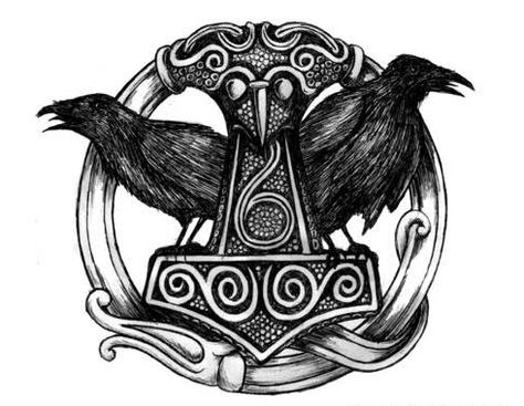 Thors Hammer and Odin's Ravens Odins Spear, Odin's Ravens Tattoo, Mjolnir Tattoo, Rabe Tattoo, Norse Mythology Tattoo, Arte Viking, Art Viking, Symbole Viking, Vikings Tattoo