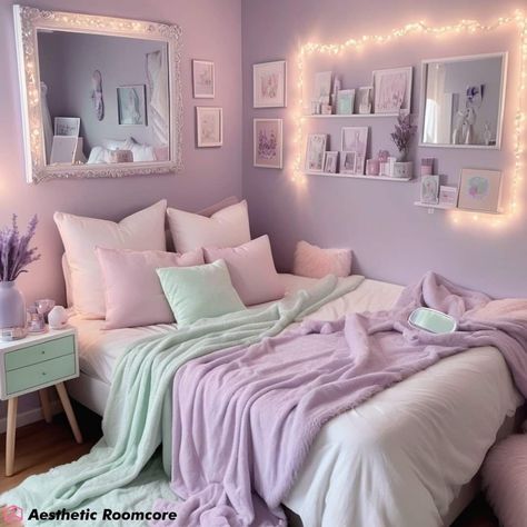 Pastel Purple Aesthetic Room Decor 💜🤍💜🤍💜 #pastelpurple #pastelpurpleaesthetic #pastelpurpledecor #pastelpurpleroom #aestheticroom #roomdecor #tumblrroom #coolroom #coolrooms #cuteroom #pastelroom #bedroomdecor #bedroomstyling #bedroomstyle Purple Pink Room Ideas, Asthetic Rooms Girl Pastel, Pastel Interior Aesthetic, Light Purple Wall Room Ideas, Pre Teen Girls Room Purple, Pastel Purple Dorm Room, Purple And Pink Room Aesthetic, Purple Room Makeover, Vintage Pastel Bedroom