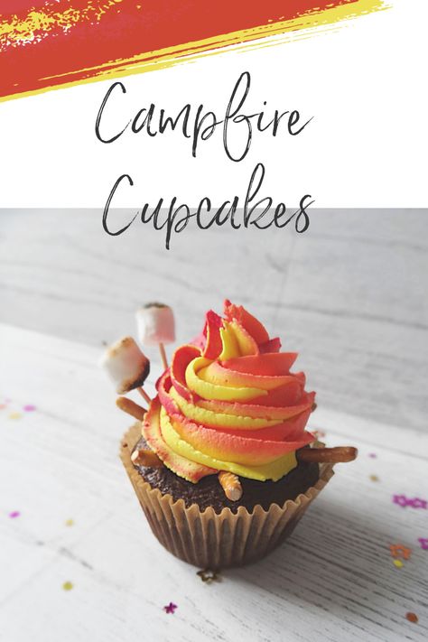 Fire Pit Cupcakes, Camp Cupcakes Ideas, Healthy Woodland Party Food, Camp Themed Treats, Campfire Cupcakes Camping Birthday, Campfire Themed Desserts, Camping Cupcake Toppers, Outdoor Theme Cupcakes, Camping Party Treats