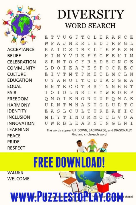 The Diversity Word search offers a chance to talk about inclusion in our world The educational game activity sheet is a free download, printable puzzle to play Inclusion Activities For Adults, Diversity And Inclusion Activities In The Workplace, Diversity Activities For Adults, Identity Activities, Diversity Activities For Kids, Tolerance Activities, Inclusive Leadership, What Is Diversity, Cultural Diversity Activities