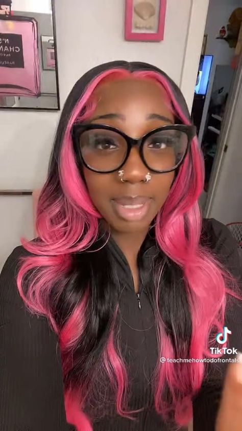 Black Wig Pink Skunk Stripe, Black Women Skunk Stripe Hair, Pink Skunk Stripe Wig, Braided Hairstyles Two Braids, Birthday Hairstyles Black Women, Cute Birthday Hairstyles Black Women, Hairstyles Two Braids, Skunk Stripe Wigs, Two Braids Hairstyle Black Women