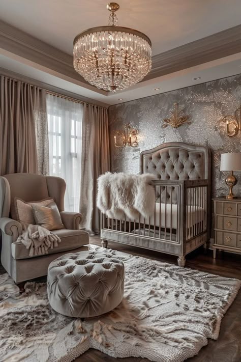 Vintage Glam Nursery, Elegant Nursery Ideas, Luxury Nursery Room, Pearl Curtains, Modern Vintage Aesthetic, Vintage Inspired Nursery, Glam Nursery, Luxury Baby Nursery, Royal Nursery