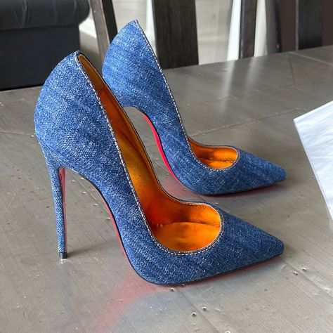 Brand New With Box And Dustbag Guaranteed Authentic Size 37 926 Heels Must Have, Expensive Shoes Luxury, Louboutin Heels Aesthetic, Fashion Shoes Heels Classy, Cute Heels Classy, Jean Heels, Blue High Heel Shoes, Red Bottom High Heels, Blue Stilettos