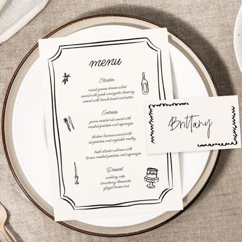 Whimsical Hand Drawn French Wedding Menu Hand Drawn Menu Wedding, Drink Wedding, Rustic Wedding Menu, Wedding Table Menus, Simple Calligraphy, Venue Sketch, Charming Wedding, Menu Wedding, Sweet Rain