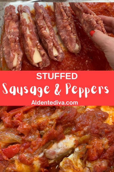 Stuffed Sausage and Peppers Basic Tomato Sauce Recipe, Stuffed Sausage, Stromboli Recipe Easy, Pork Meals, Sausage Peppers And Onions, Sausage Ingredients, Food Experiments, Italian Sausage Recipes, Sausage Dishes