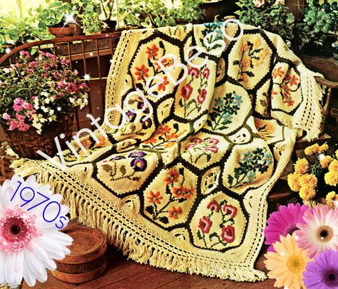 "Vintage CROCHET + EMBROIDERY PDF Pattern ❤️ WATERMARKED PATTERN in U.S.A. terms ♥¸.. PDF Pattern Only ONCE PAYMENT IS APPROVED -> download pattern located in your Etsy Account TO MAKE: Retro 1970s 1970s Afghan - Vintage Country Garden Afghan - an elegant country garden afghan to crochet! This beauty of this crocheted afghan is sure to enhance any room in your home. You'll also love the warmth it offers on chilly nights. It's a pleasure to make, using the basic afghan stitch; the flowers are Unique Crochet Blanket, Crochet Pattern Vintage, Fancy Crochet, Afghan Crochet Pattern, Crochet Blanket Tutorial, Afghan Stitch, Modern Crochet Blanket, Vintage Crochet Patterns, Crochet Blanket Designs