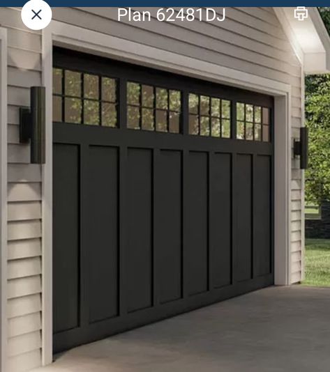 Garage Doors Ideas Curb Appeal, Farmhouse Garage Doors Black, Garage Door Design Metal, Modern Farmhouse Garage Doors Black, Wood Garage Doors On Charcoal House, Black House Brown Garage Door, Charcoal Garage Door, Barndominium Black Garage Doors, Garage Trim