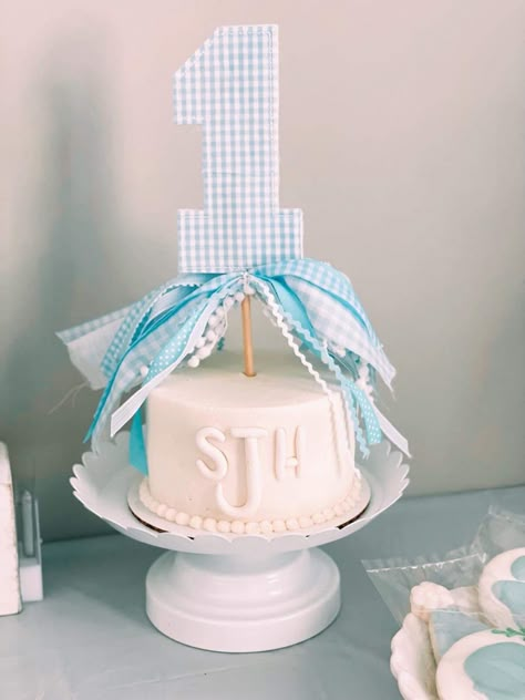 Light Blue Smash Cake, Classic Blue And White First Birthday, Gingham Cake, Boy Smash Cake, Dedication Cake, One Lucky Duck, Kids Cake Toppers, Boys First Birthday Cake, Twins First Birthday