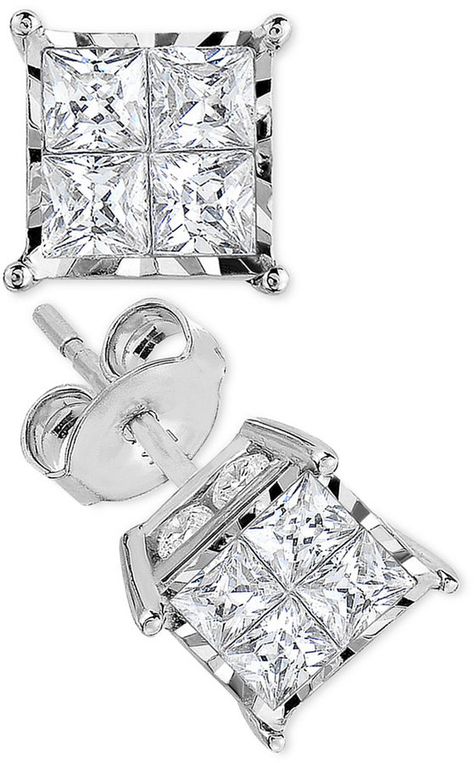 TruMiracle® Princess-Cut Diamond Stud Earrings (1 ct. t.w.) in 14k White Gold Princess Cut White Gold Diamond Earrings With Accents, Princess Cut Diamond White Diamond Earrings, Classic Princess Cut Diamond White Earrings, Princess Cut Diamond White Sterling Silver Earrings, White Gold Diamond Cut Princess Cut Earrings, Minimalistic Jewellery, Father And Girl, Pro Create, Diamond Tops