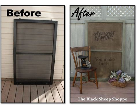 Easy+Rustic+Country+Sign+-+DIY. Tutorial: http://theblacksheepshoppe.blogspot.com/2016/02/easy-rustic-country-sign.html Window Screen Crafts, Old Window Screens, Old Window Projects, The Black Sheep, Window Projects, Screen Painting, Window Screen, Shabby Chic Frames, Fixer Upper Style