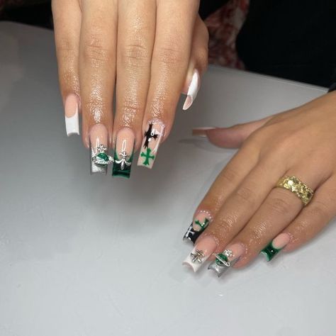 Green Nail Set Ideas, Green Cross Nails, Green Nails With Cross, Cross Nails, Gel Toe Nails, Tapered Square Nails, Acrylic Toes, Makeover Bedroom, Cute Toe Nails