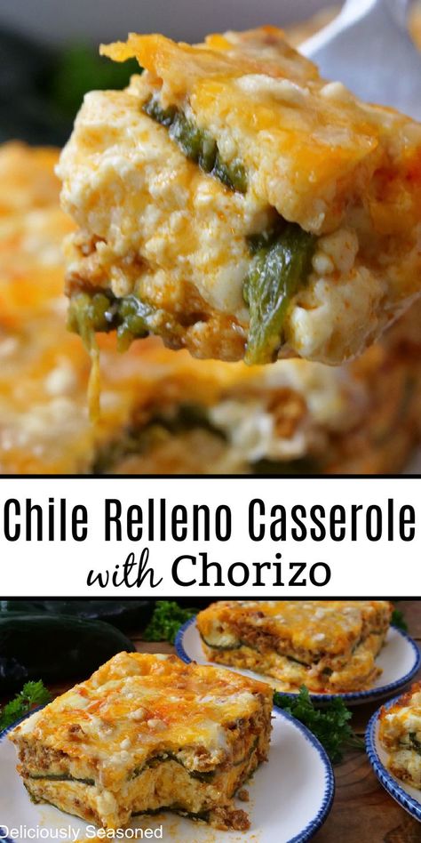 A double photo collage of chile relleno casserole on white plates with blue trim. Savory Casserole, Chile Relleno Casserole Recipe, Poblano Peppers Recipes, Relleno Casserole, Chili Relleno Casserole, Chile Relleno Casserole, How To Cook Chorizo, Roasted Poblano Peppers, Chili Relleno