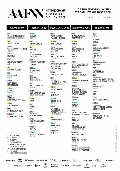 Week Calendar, Fashion Week Schedule, Australian Fashion Week, Week Schedule, Carla Zampatti, Rebecca Vallance, Schedule Design, New York Style, Fashion And Design