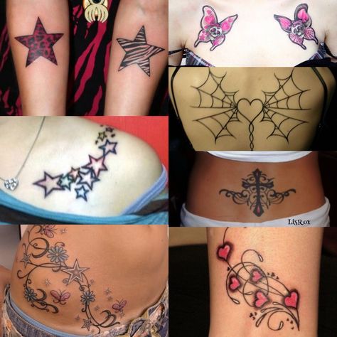 Emo 2000s Tattoo, 2000s Tattoo Aesthetic, Y2k Tattoos For Women, 2000s Emo Tattoos, Trashy Y2k Tattoo, 2000s Tattoos, Y2k Tattoos, Y2k Tattoo Ideas, Y2k Tattoo