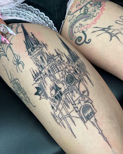 #sanriotat #castletat #emotat Castles Tattoo, Carousel Tattoo, Apollo Tattoo, Care Bear Tattoos, Tattoo Samples, Castle Tattoo, Web Tattoo, Pretty Hand Tattoos, Creepy Tattoos