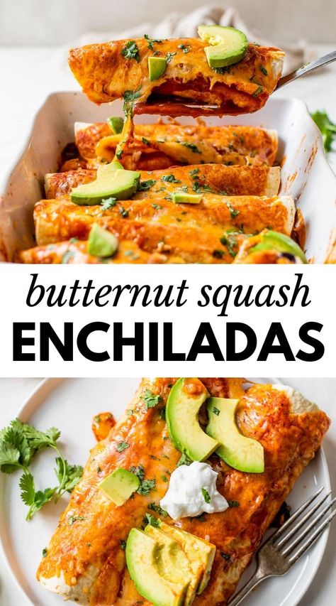 These Butternut Squash Enchiladas will get you in the mood for fall! They're a hearty vegetarian dinner recipe made with butternut squash, black beans, rice, and of course cheese. Delish! Squash Enchiladas, Butternut Squash Enchiladas, Butternut Squash Black Bean, Vegan Entree Recipes, Black Beans Rice, Vegetarian Recipes For Beginners, Vegetarian Enchiladas, Black Beans And Rice, Ayurvedic Recipes