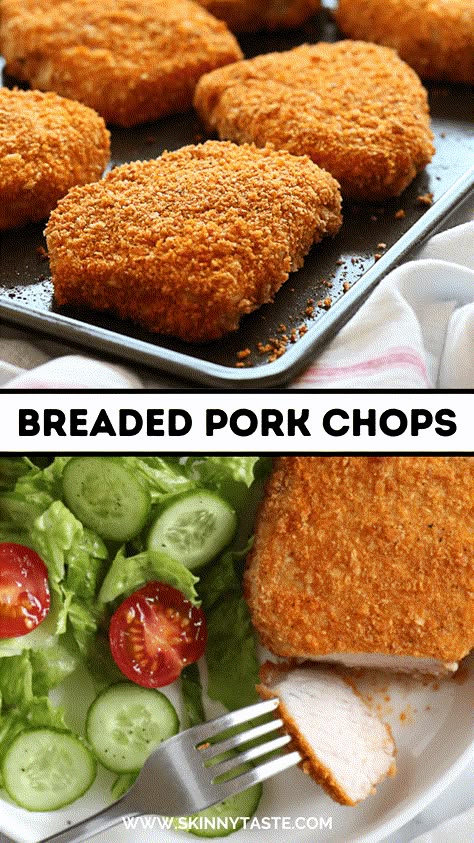 Juicy and delicious, crispy breaded pork chops are baked in the oven and ready in under 30 minutes! An easy, kid-friendly dinner idea! #porkchops #breadedporkchops #dinner Baked Breaded Pork Chops, Slow Cooker Pork Chops Recipes, Pork Chops Smothered, Recipes For Children, Breakfast Lunch And Dinner Ideas, Breaded Pork Chops, Pork Chop Dinner, Beef Meals, Main Entrees