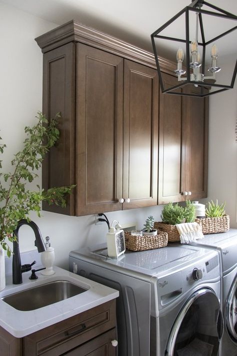 Brown Laundry Room Cabinets, Dark Laundry Room, Dark Oak Cabinets, Organization Laundry Room, Landry Room, Laundry Room Paint Color, Laundry Room Paint, Laundry Room/mudroom, Laundry Room Colors