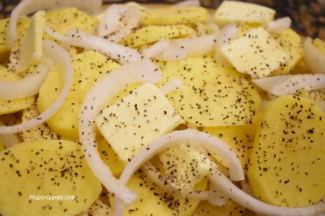 Sliced Potatoes and Onions · Major Gates Potatoes And Onions, Easy Side Dish, Sliced Potatoes, Side Dishes Easy, Potato Recipes, Side Dish, Onions, The Family, Side Dishes