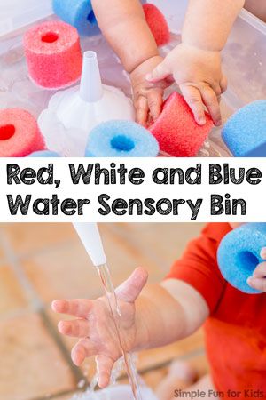 Sensory Activities for Kids: Simple Red, White and Blue Water Sensory Bin for all ages, even babies! Memorial Day Sensory Bin, Red White And Blue Art For Toddlers, Red White And Blue Sensory Bin, Red White And Blue Activities For Kids, Red White And Blue Preschool Activities, Water Sensory Bin, July Activities For Kids, Sensory Activities For Kids, 4th Of July Activities