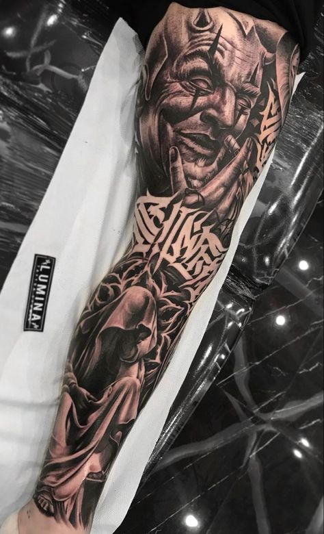 Unique Realism Tattoos, Lower Half Sleeve Tattoo For Men, Vengeance Tattoo Ideas, Men Arm Tattoos Sleeve, Chicano Leg Sleeve, Full Leg Tattoo Men, Pop Culture Tattoos, Medium Size Tattoos, Culture Tattoos