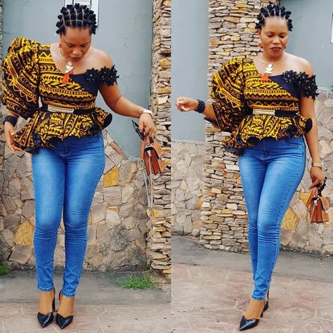 Image may contain: 1 person, standing and shoes Ankara Tops For Women, Ankara Tops With Jeans, Ankara Inspiration, Tops With Jeans, Chitenge Outfits, Ankara Blouses, African Tops For Women, Stylish Business Outfits, Unique Tops