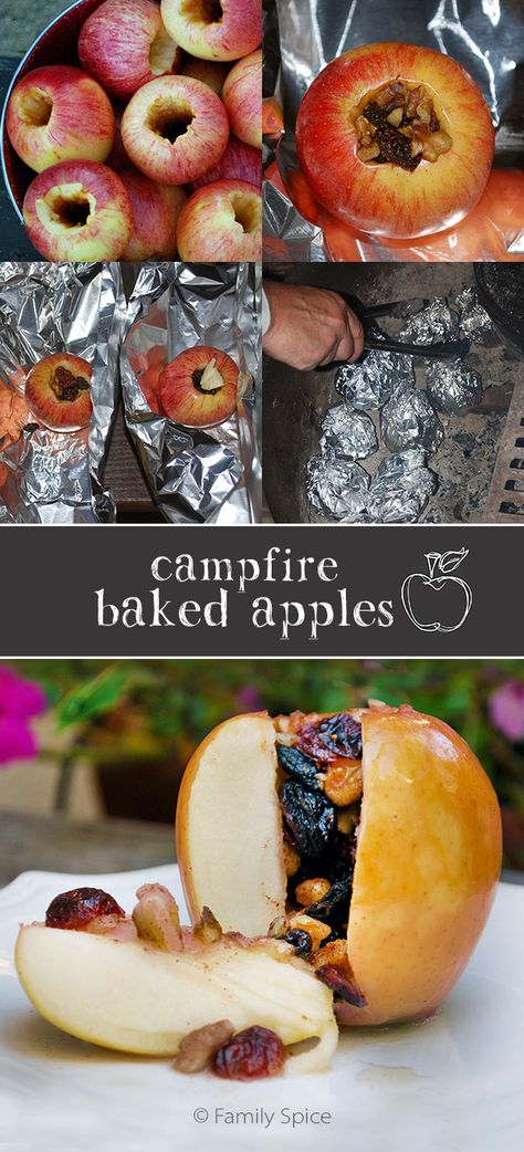 Campfire Baked Apples - great over the coals or in the oven! By FamilySpice.com Camping Hacks Food, Quick Healthy Snacks, Orange Peels, Campfire Food, Campfire Cooking, Easy Camping, Tin Foil, Camp Cooking, Camping Ideas