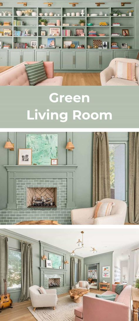 Green Living Room - A Beautiful Mess Family Room Shades, Living Room Design Diy, Green Shelves, Pink Velvet Sofa, Light Green Walls, Green Room Decor, Green Living Room, Floor Renovation, A Beautiful Mess