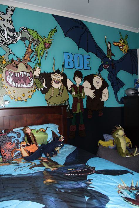 How to Train Your Dragon, hand-painted by me, bedroom for my son Boe.  Kids Bedroom ideas, Toothless, Hiccup, Viking Bedroom, Gronkle, Bone Knapper Dragon Bedroom Ideas, Viking Bedroom, Dragon Bedroom, Toothless Hiccup, Kids Bedroom Ideas, Dragon Hand, How To Clean Copper, Hiccup And Toothless, Dragon Party