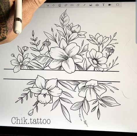 Clip Art Tattoo Sleeve, Flower Tattoo Add On, Floral Band Tattoo Design, Tattoo Sleeve Template, Flower Band Tattoo Design, Flower Band Tattoo, Ankle Band Tattoo, Band Drawing, Sewing Tattoos